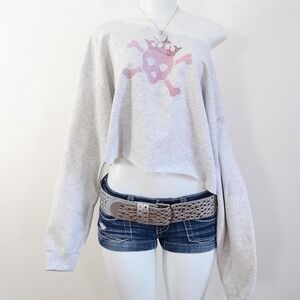 y2k pink skull crown graphic cropped sweatshirt off shoulder grey size L